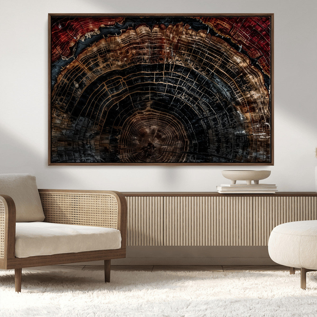 Dark Wood Ring Wall Art Canvas Print, Framed Abstract Tree Slice Print, Rustic Wood Grain Decor