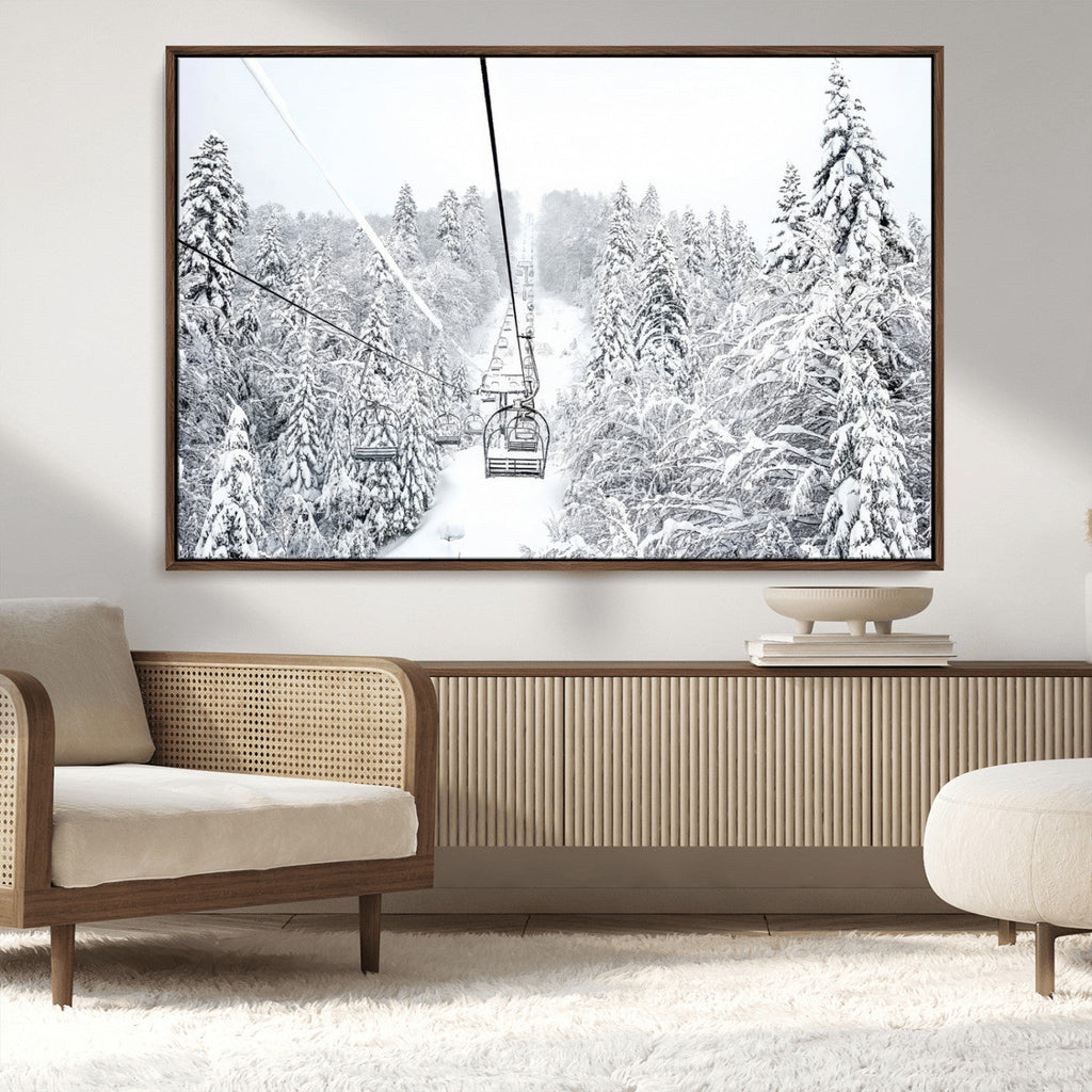 Snowy Ski Lift Wall Art | Framed Winter Mountain Canvas