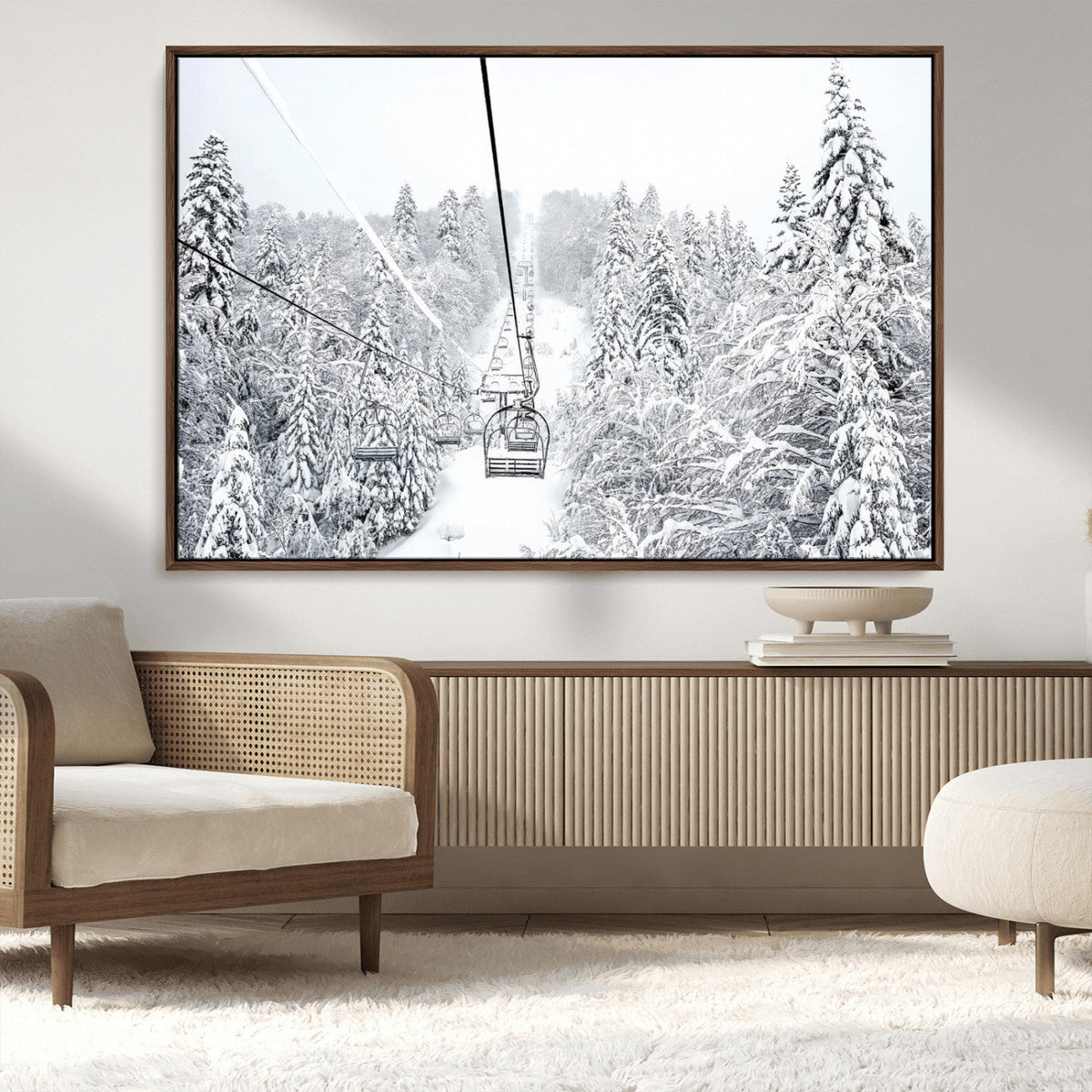 Snowy Ski Lift Wall Art | Framed Winter Mountain Canvas