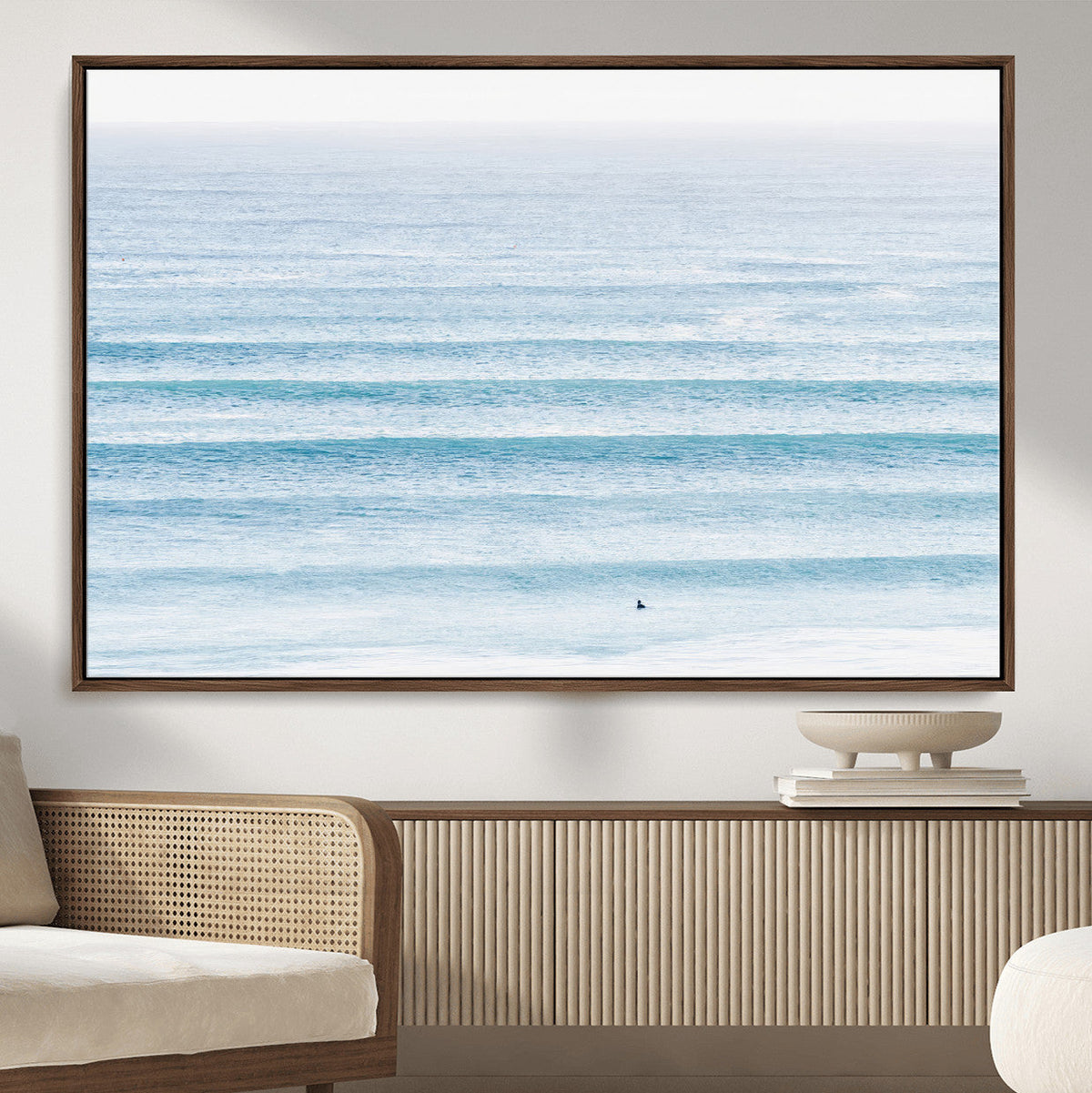 Ocean Wave Surfer Wall Art | Framed Minimal Seascape Canvas