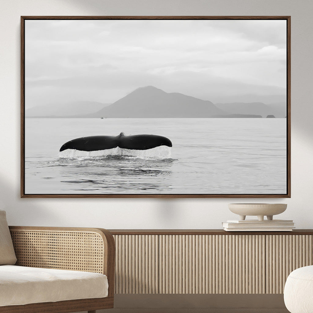 Whale Tail Wall Art | Framed Black White Ocean Canvas