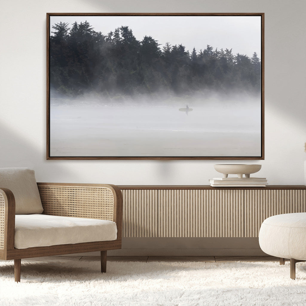 Surfer Fog Wall Art Canvas Print, Framed Foggy Beach and Coastal Surf Scene