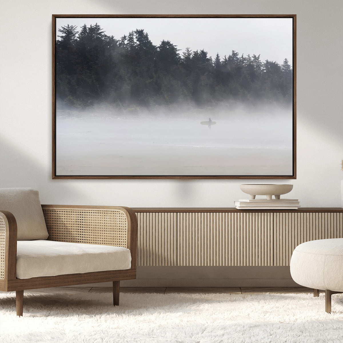 Surfer Fog Wall Art Canvas Print, Framed Foggy Beach and Coastal Surf Scene