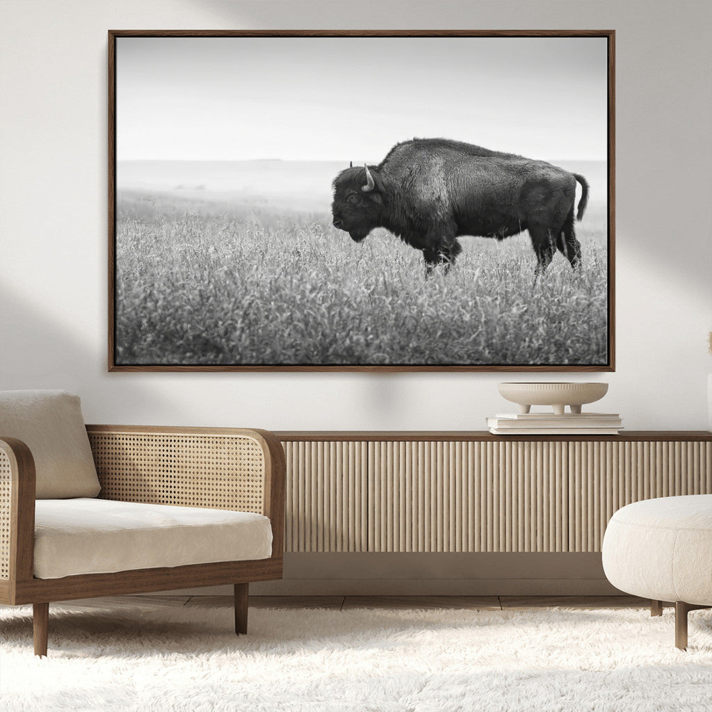Bison Wall Art Canvas Print, Framed Rustic Wildlife Scene with Wild Buffalo