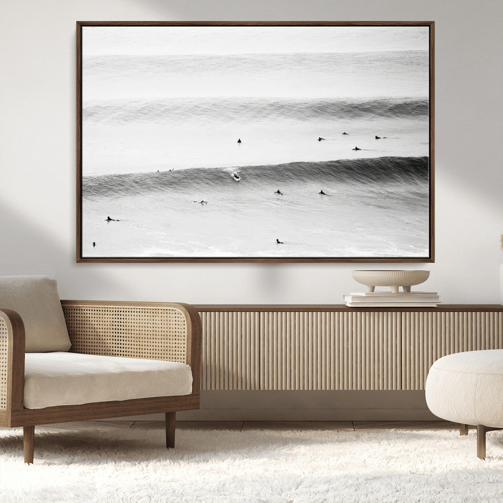 Black White Ocean Wall Art Canvas Print, Framed Coastal Sport and Ocean Swimmers Scene
