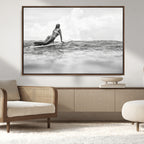Black and White Surfing Wall Art Canvas Print, Framed Ocean Horizon Surfer Girl