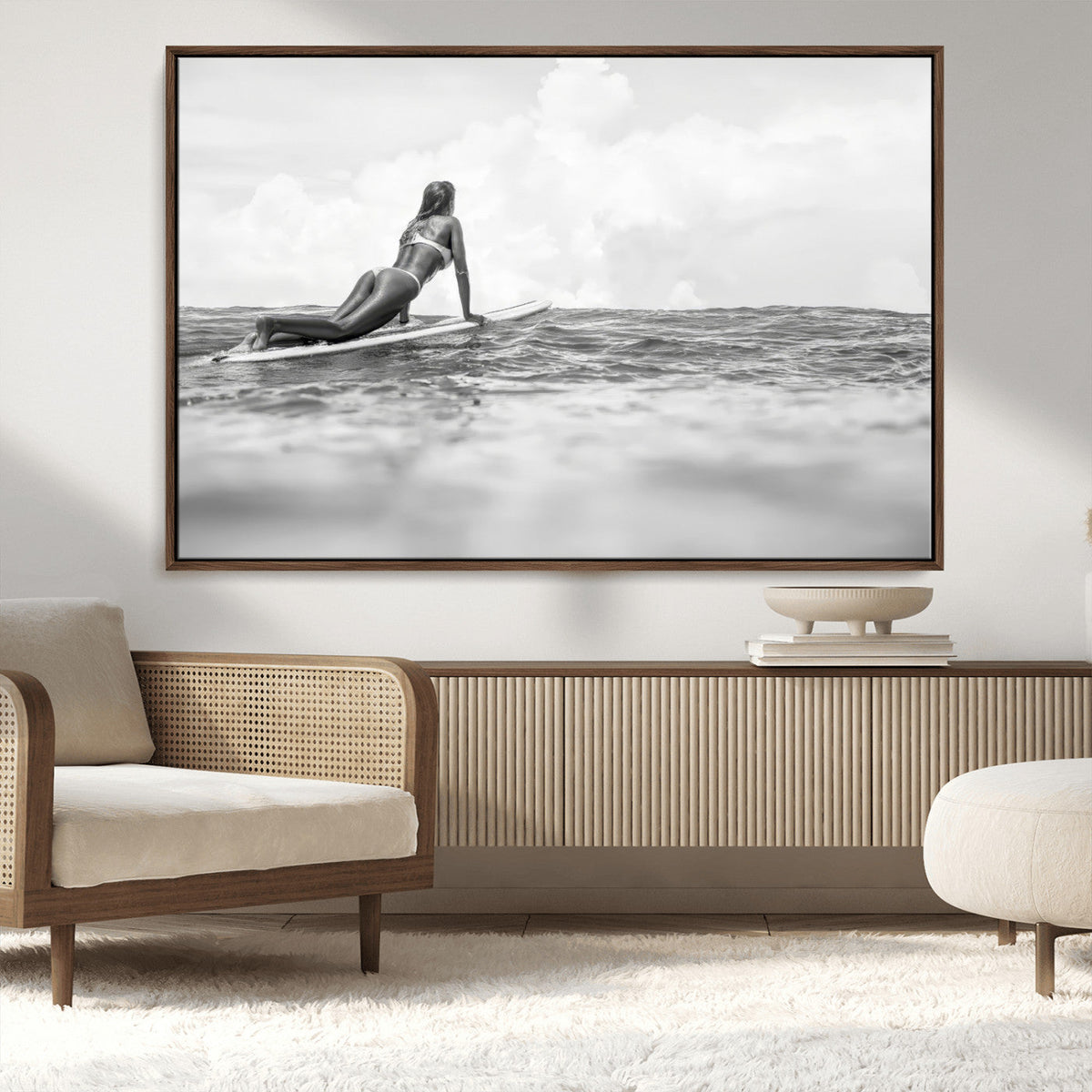 Black and White Surfing Wall Art Canvas Print, Framed Ocean Horizon Surfer Girl