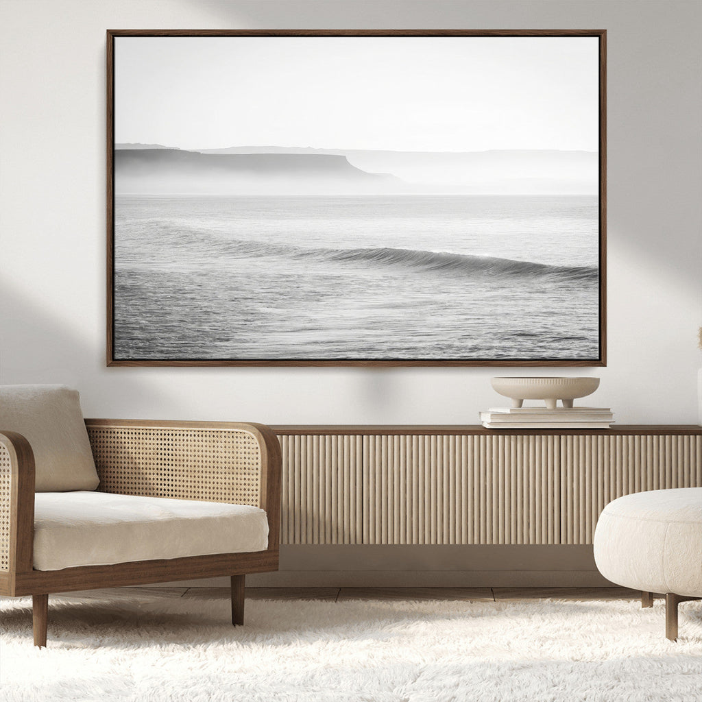 Black and White Seascape Wall Art Canvas Print, Framed Misty Ocean Waves