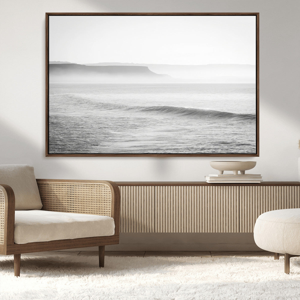 Black and White Seascape Wall Art Canvas Print, Framed Misty Ocean Waves