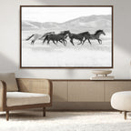Wild Horses Running Wall Art Canvas Print, Framed Black White Mustangs Artwork