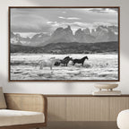 Wild Horses Wall Art | Framed Black White Mountain Canvas