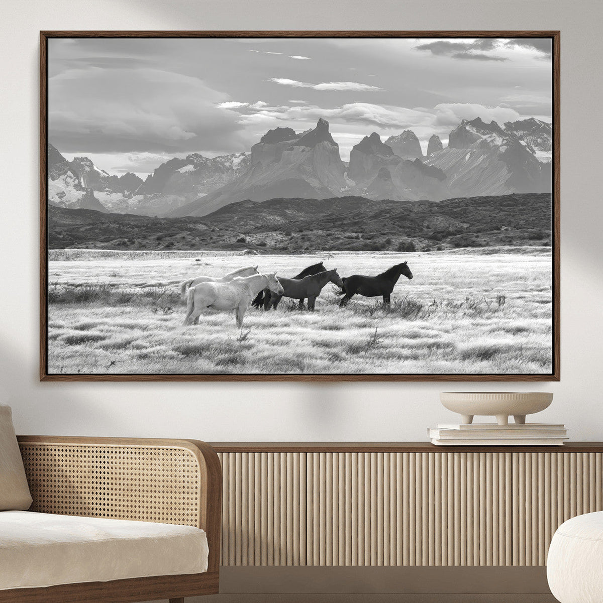 Wild Horses Wall Art | Framed Black White Mountain Canvas