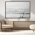 Surfer Silhouette Wall Art Canvas Print, Framed Calm Ocean Monochrome Surf