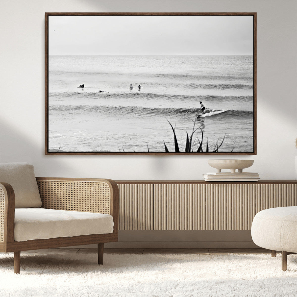Surfer Silhouette Wall Art Canvas Print, Framed Calm Ocean Monochrome Surf