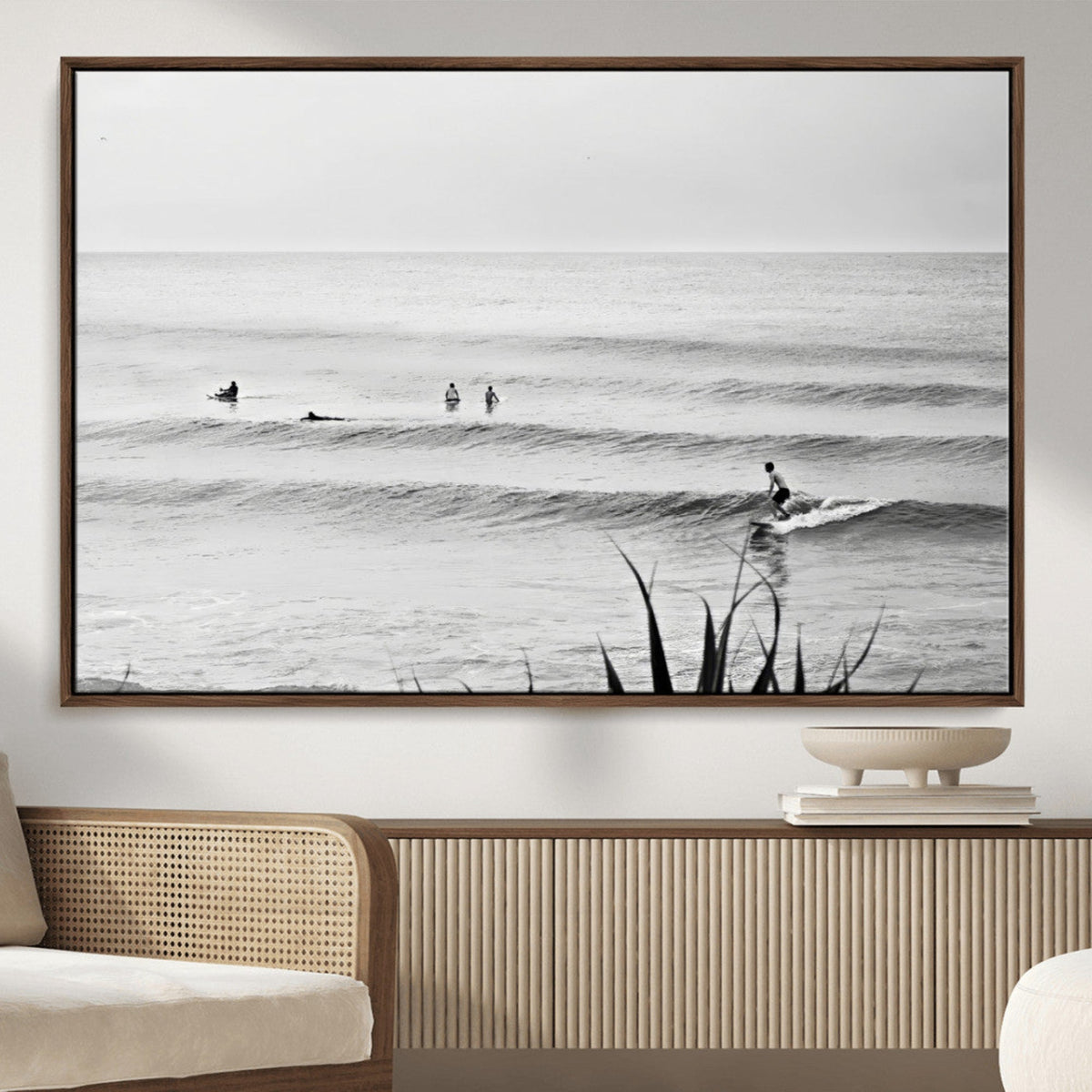Surfer Silhouette Wall Art | Framed Calm Ocean Canvas