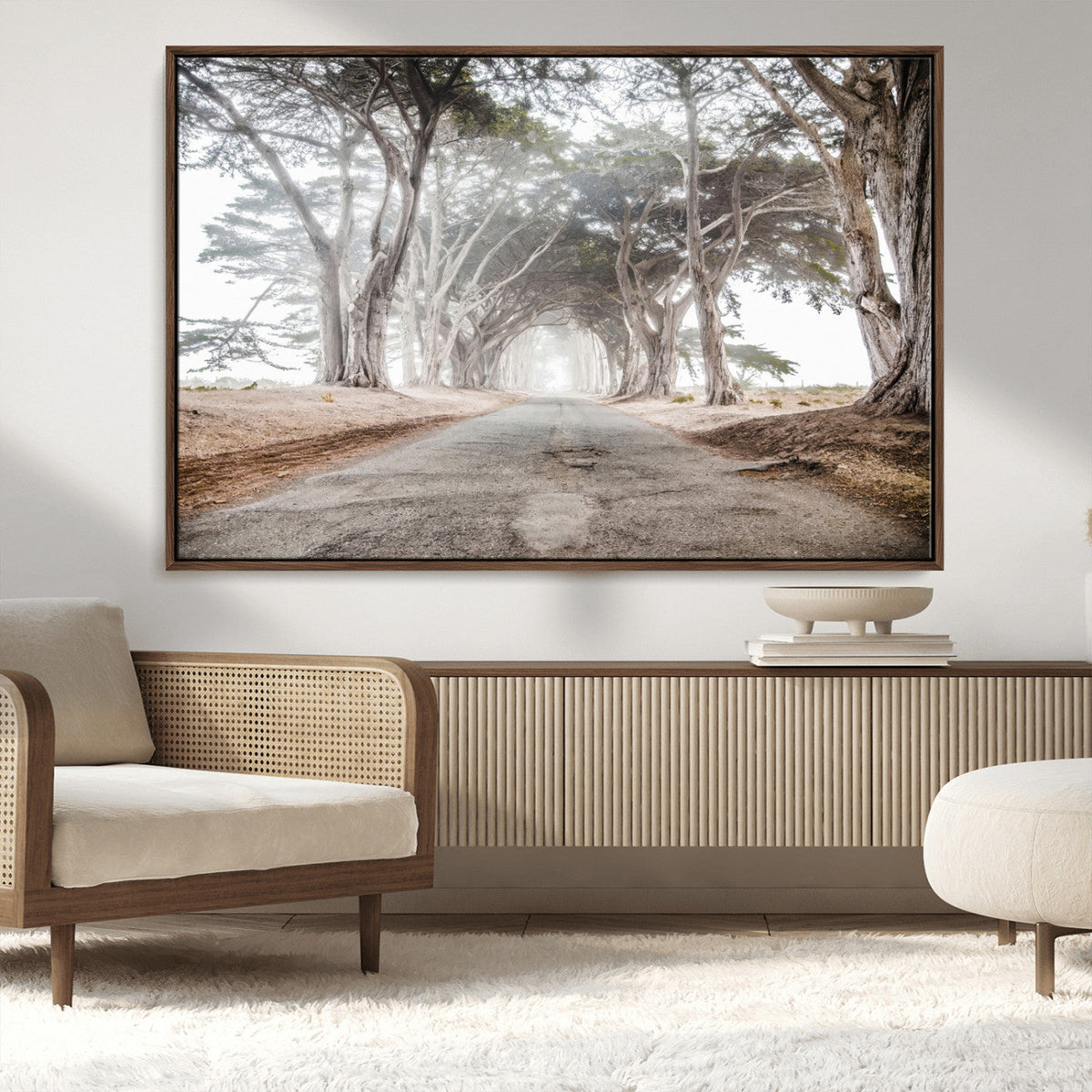 Cypress Tunnel Wall Art | Framed Misty Road Canvas Artwork