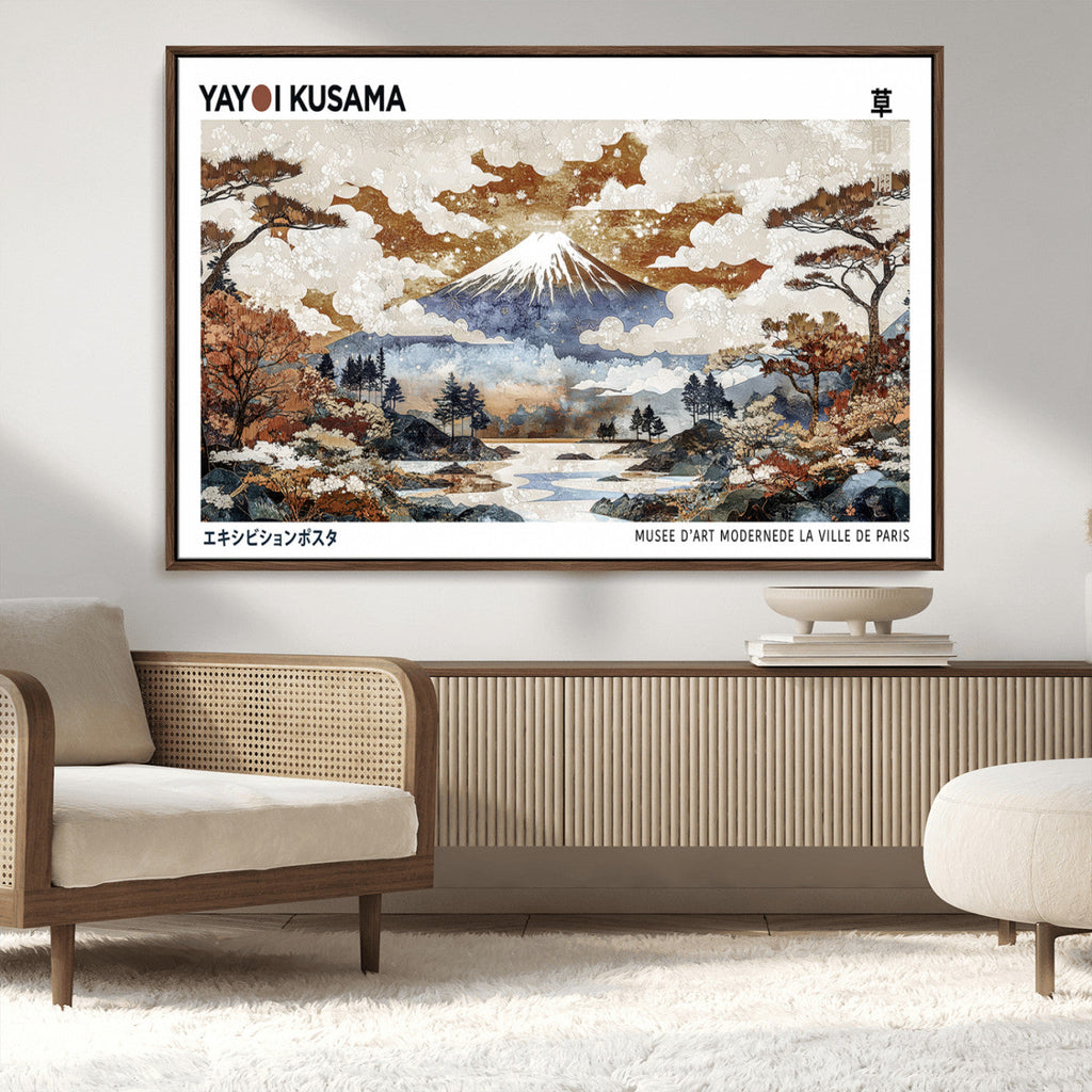Modern Japanese Mount Fuji Canvas Art Print, Yayoi Kusama Wall Art, Framed Abstract Japanese Landscape