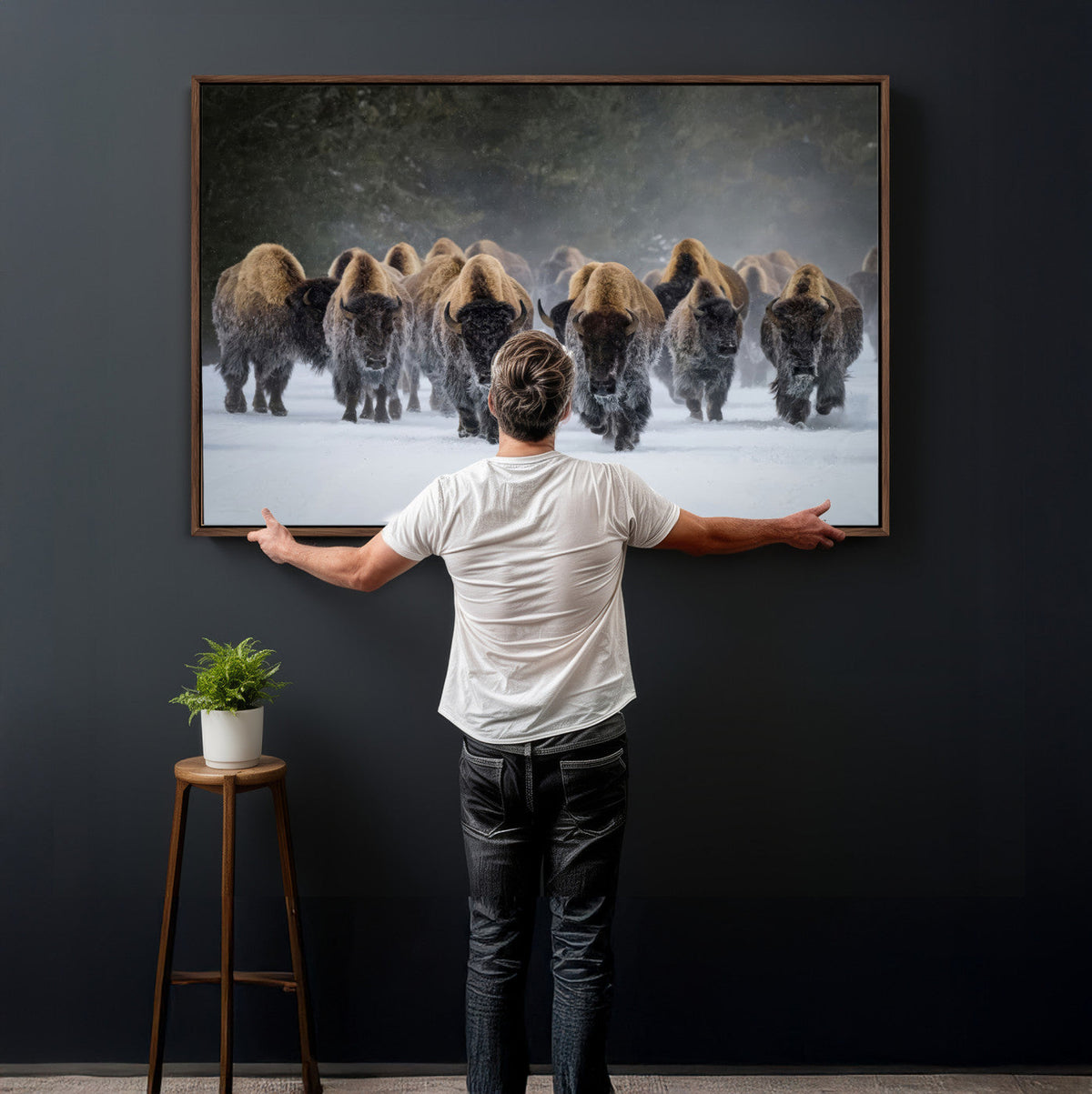 Bison Herd Wall Art Canvas Print, Framed Rustic Wildlife Decor, Snowy Bison Landscape