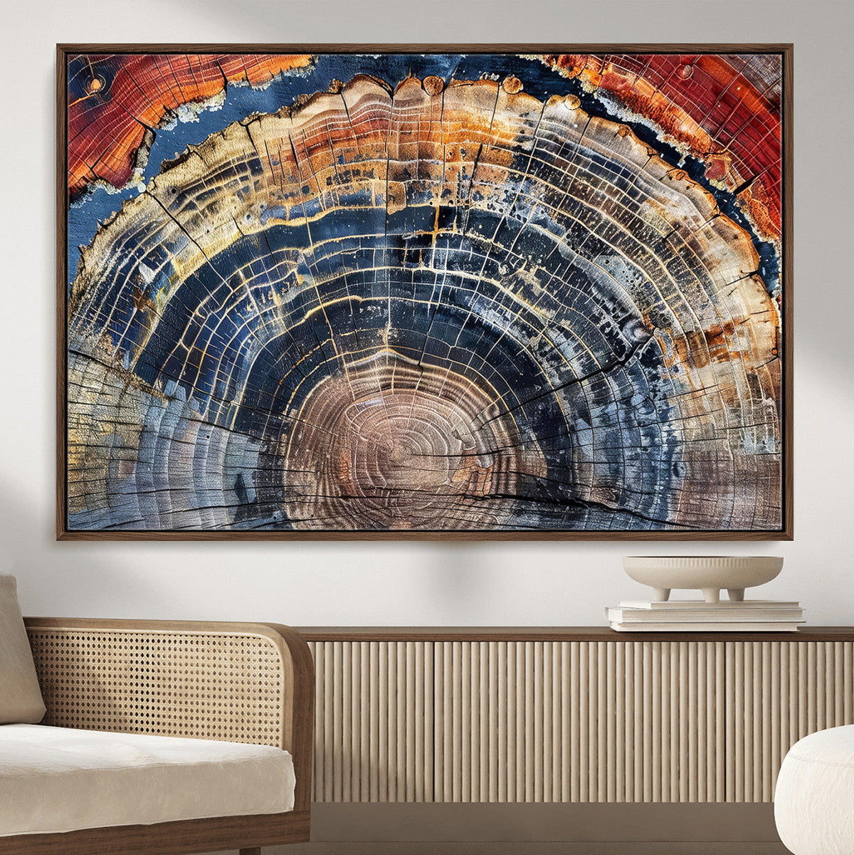 Tree Rings Wall Art Canvas Print, Framed Petrified Wood Art, Modern Rustic Decor
