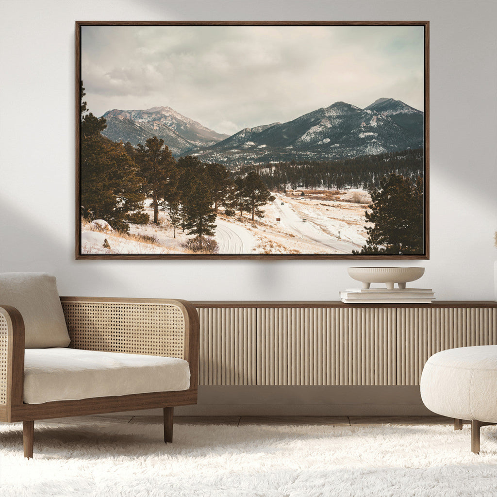 Mountain Landscape Wall Art Canvas Print, Framed Snowy Peaks Alpine Winter