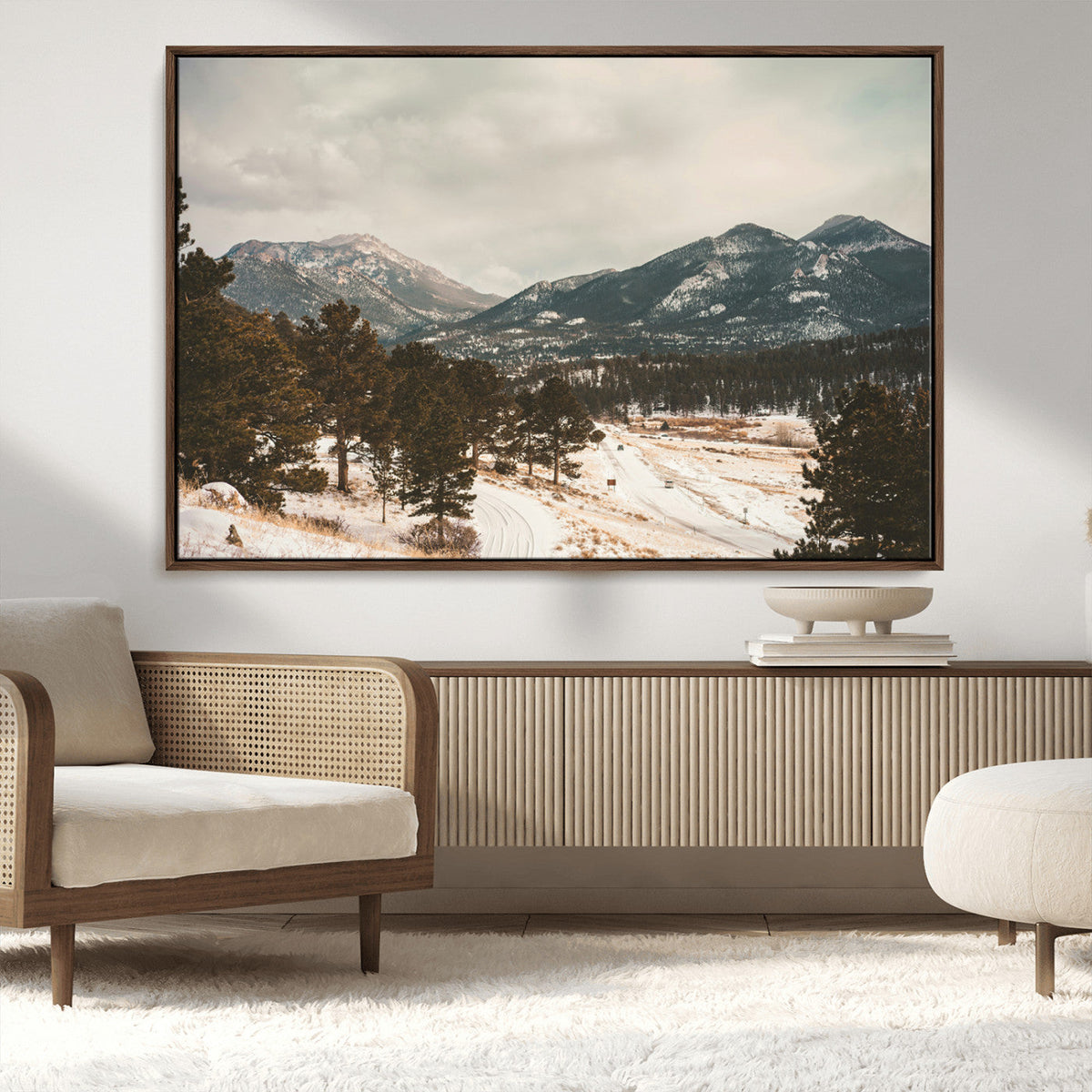 Mountain Landscape Wall Art Canvas Print, Framed Snowy Peaks Alpine Winter