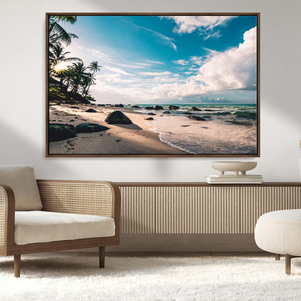 Tropical Beach Wall Art Canvas Print, Framed Ocean Waves Relaxing Seascape