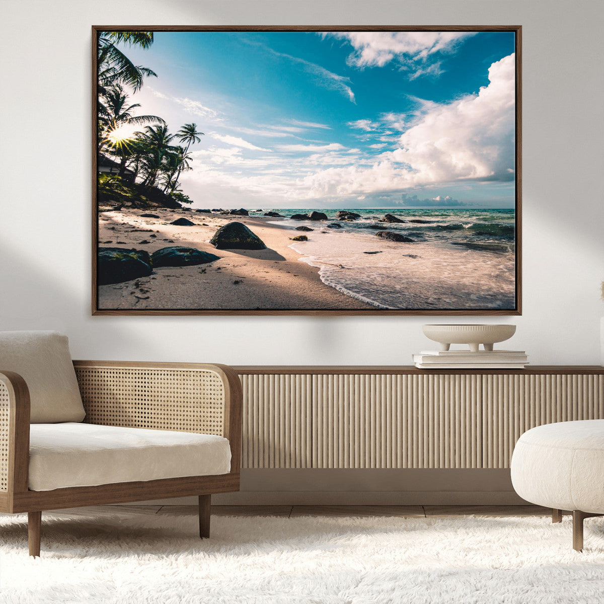 Tropical Beach Wall Art Canvas Print, Framed Ocean Waves Relaxing Seascape