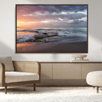 Golden Hour Wall Art Canvas Print, Framed Tranquil Waves Beach Sunset