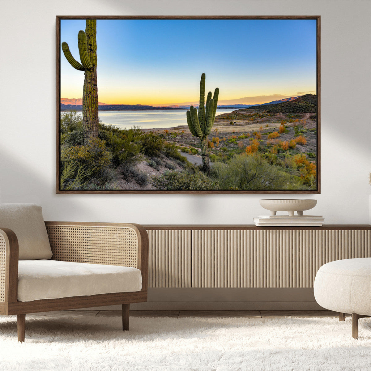 Saguaro Cactus Wall Art Canvas Print, Framed Desert Sunset Southwestern