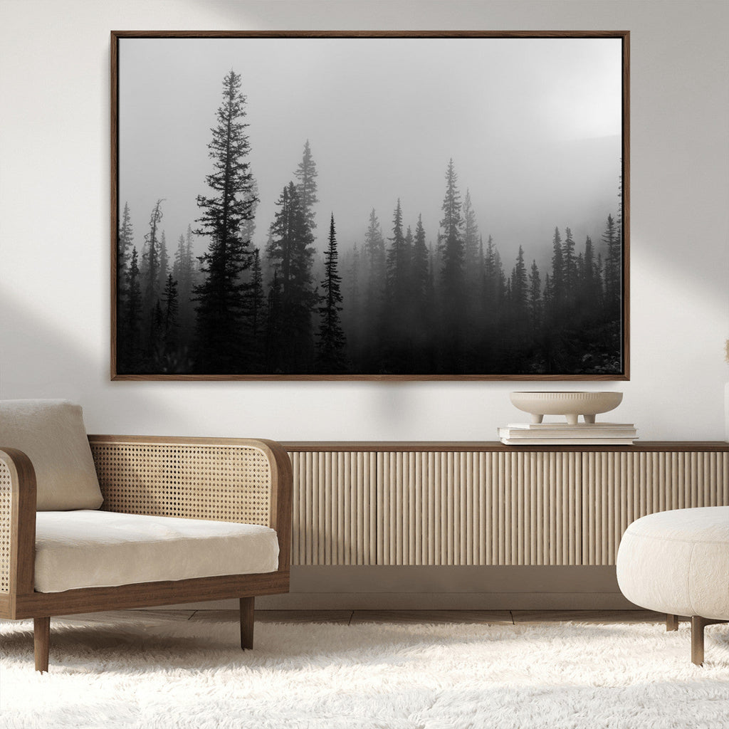 Misty Pines Wall Art Canvas Print, Framed Woodland Minimalist Black and White