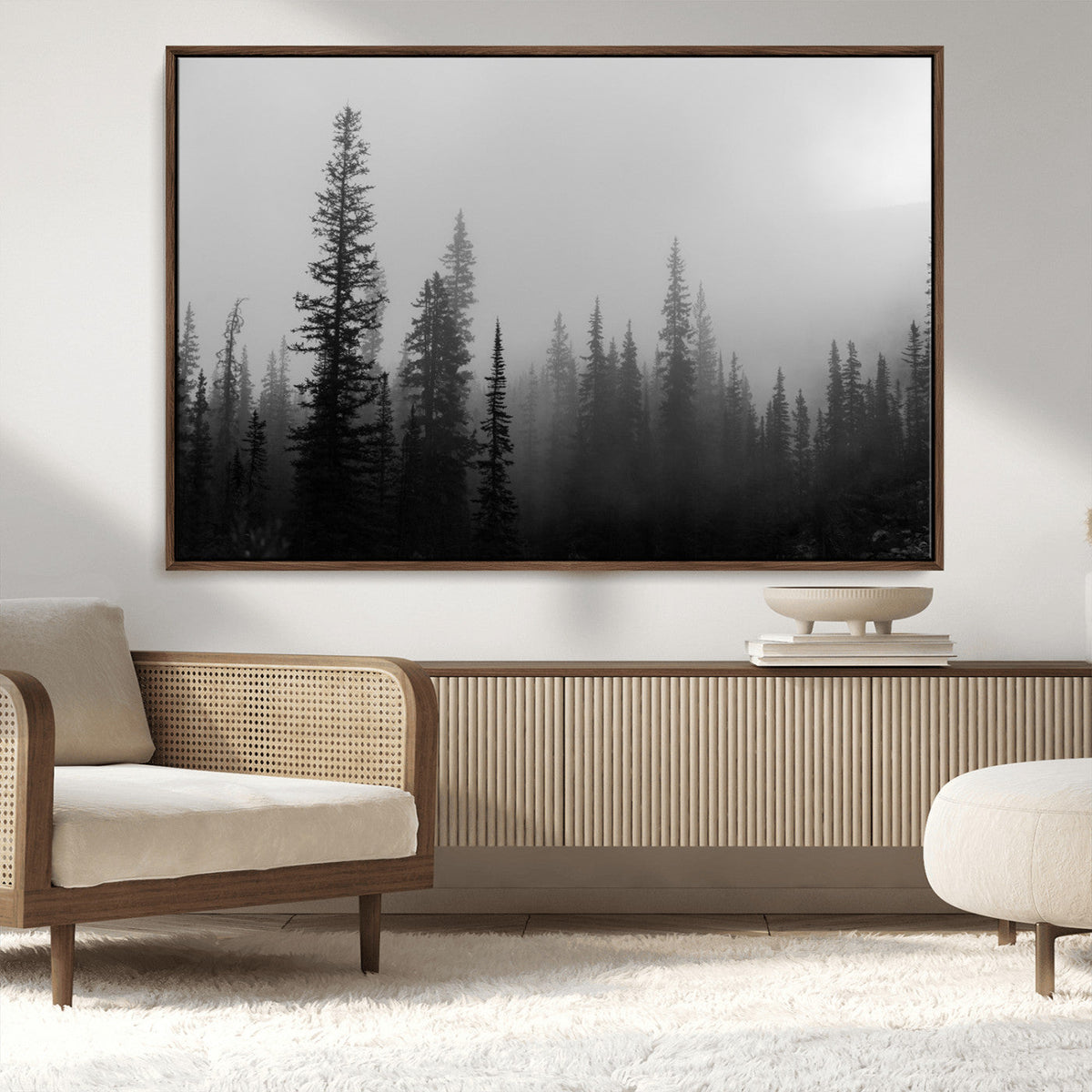 Misty Pines Wall Art Canvas Print, Framed Woodland Minimalist Black and White