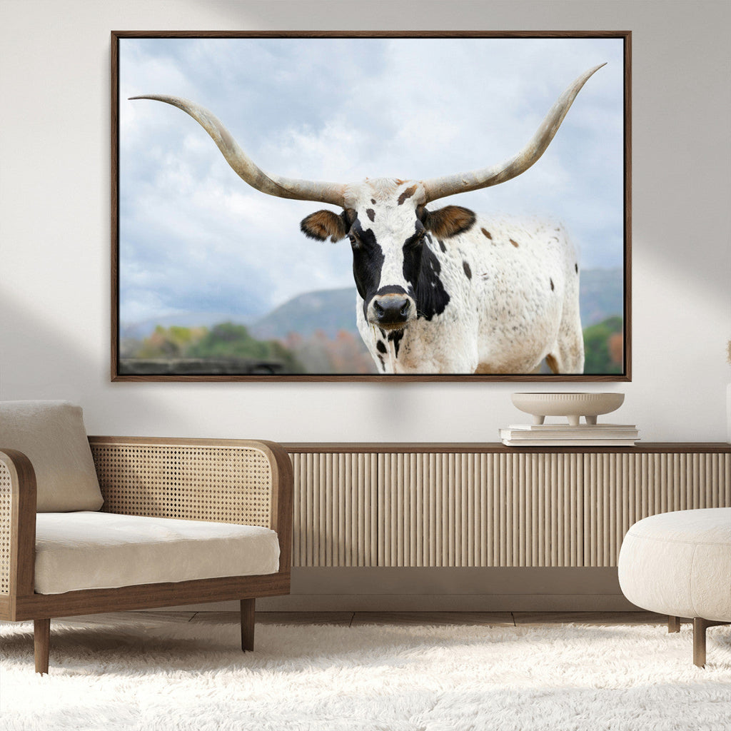 Texas Longhorn Wall Art Canvas Print, Framed Western Rustic Farmhouse