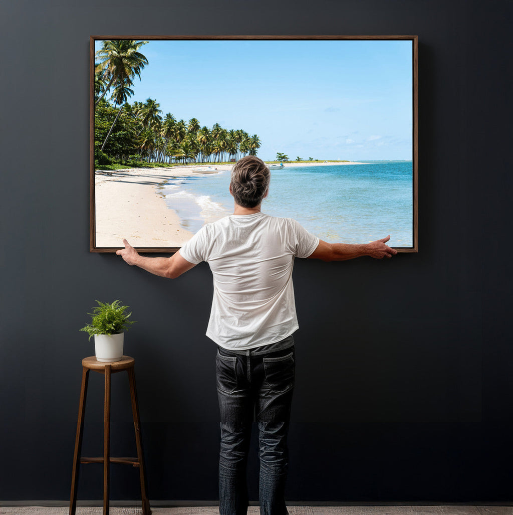 Palm Tree Coast Wall Art Canvas Print, Framed Island Getaway with Crystal Blue Water