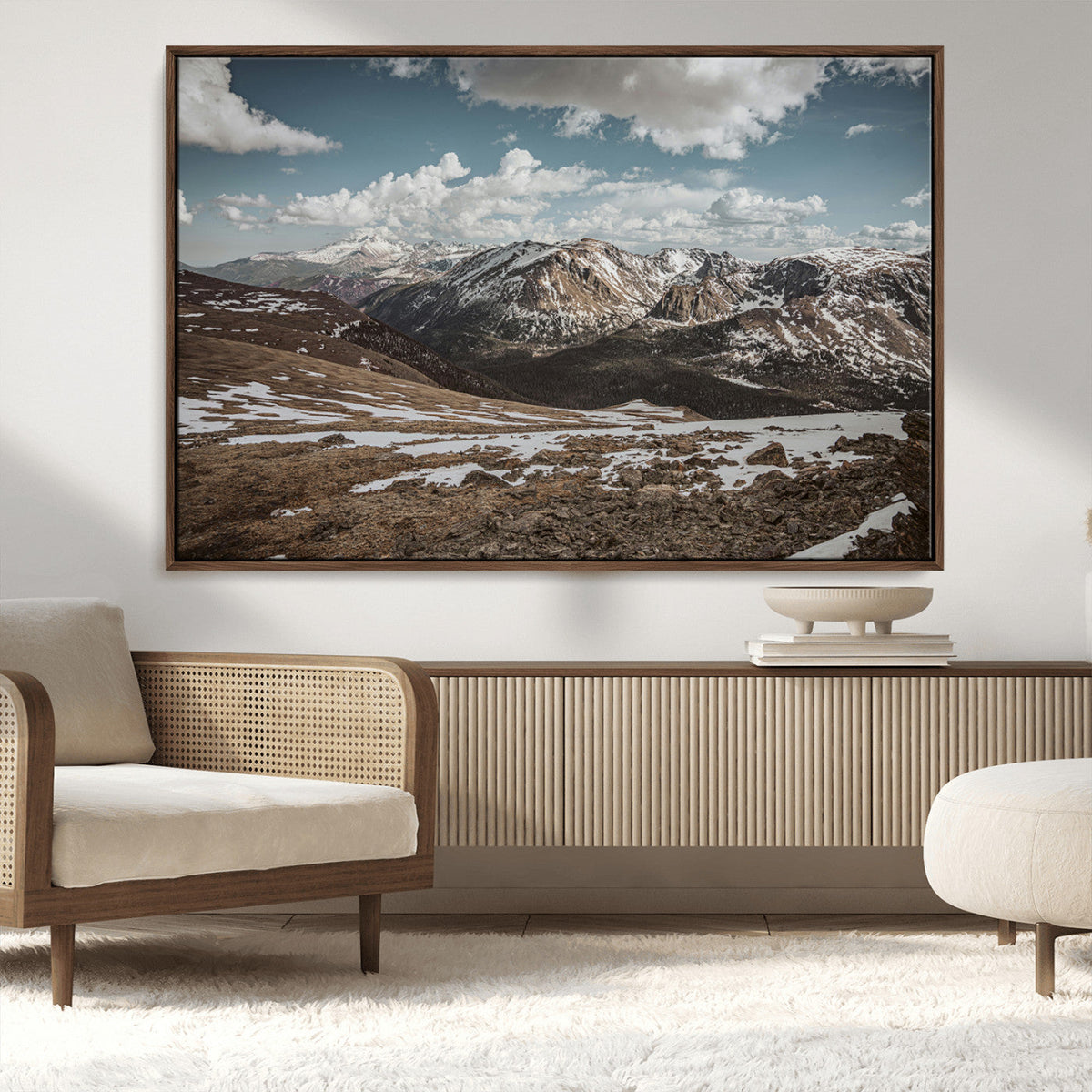 Mountain Landscape Wall Art Canvas Print, Framed Snowy Peaks Art, Rugged Highlands Rustic Adventure Decor