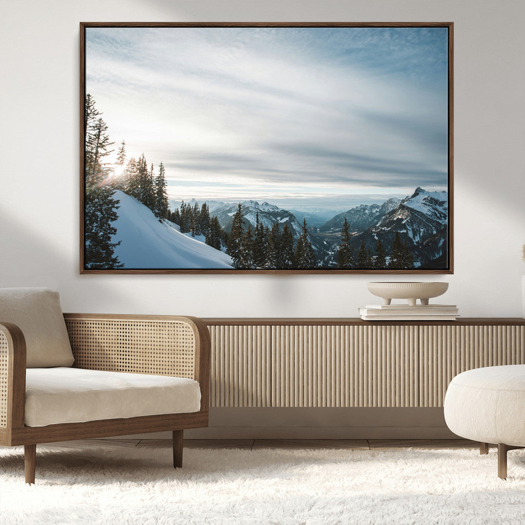 Snowy Mountains Wall Art Canvas Print, Framed Alpine Landscape Frosty Peaks Artwork