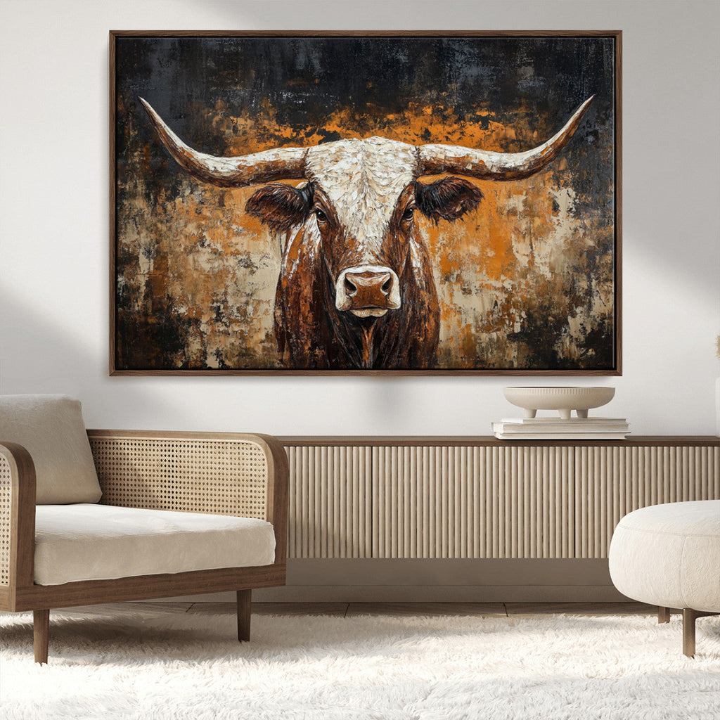 Abstract Longhorn Bull Wall Art Canvas Print, Vintage Western Texas Steer Artwork
