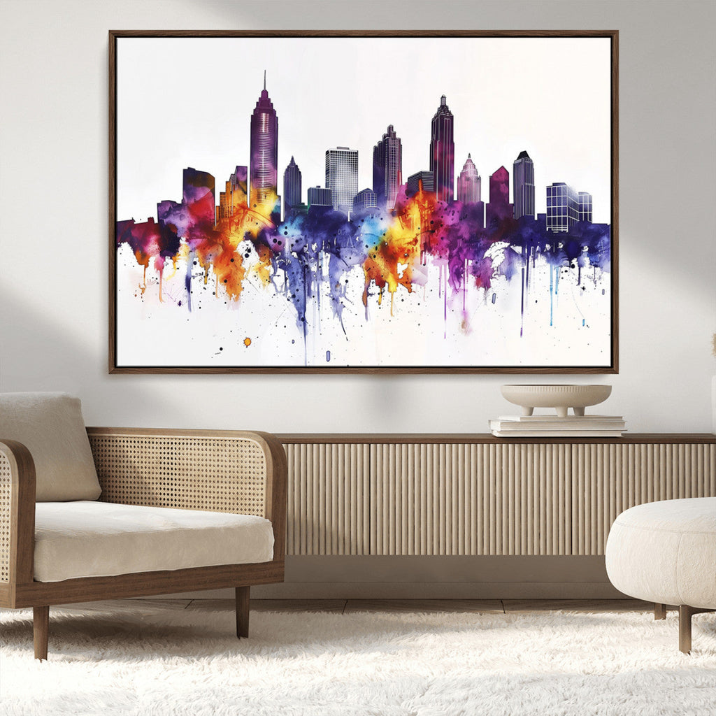 Atlanta Skyline Wall Art Canvas Print, Framed Colorful Watercolor Cityscape