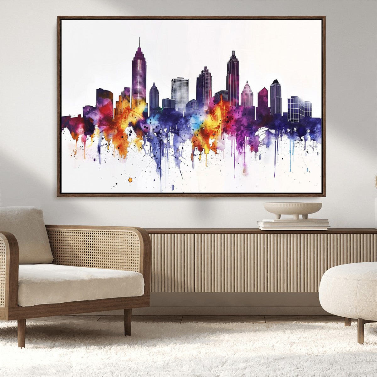 Atlanta Skyline Wall Art Canvas Print, Framed Colorful Watercolor Cityscape