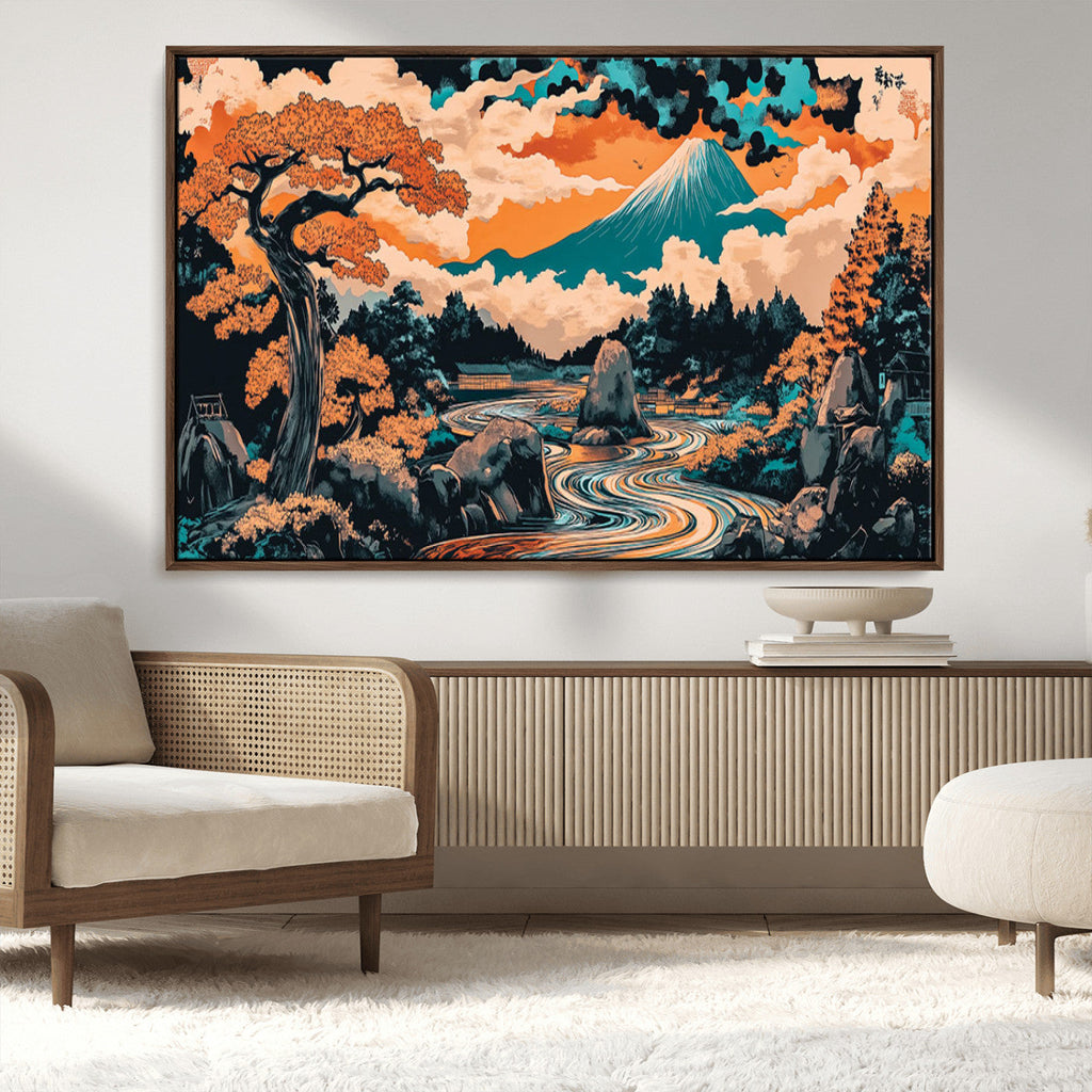 Japanese Landscape Wall Art Canvas Print, Mount Fuji with Flowing River and Autumn Trees