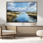 Marshland Wall Art Canvas Print, Serene Water Reflection with Blue Sky and Golden Grass