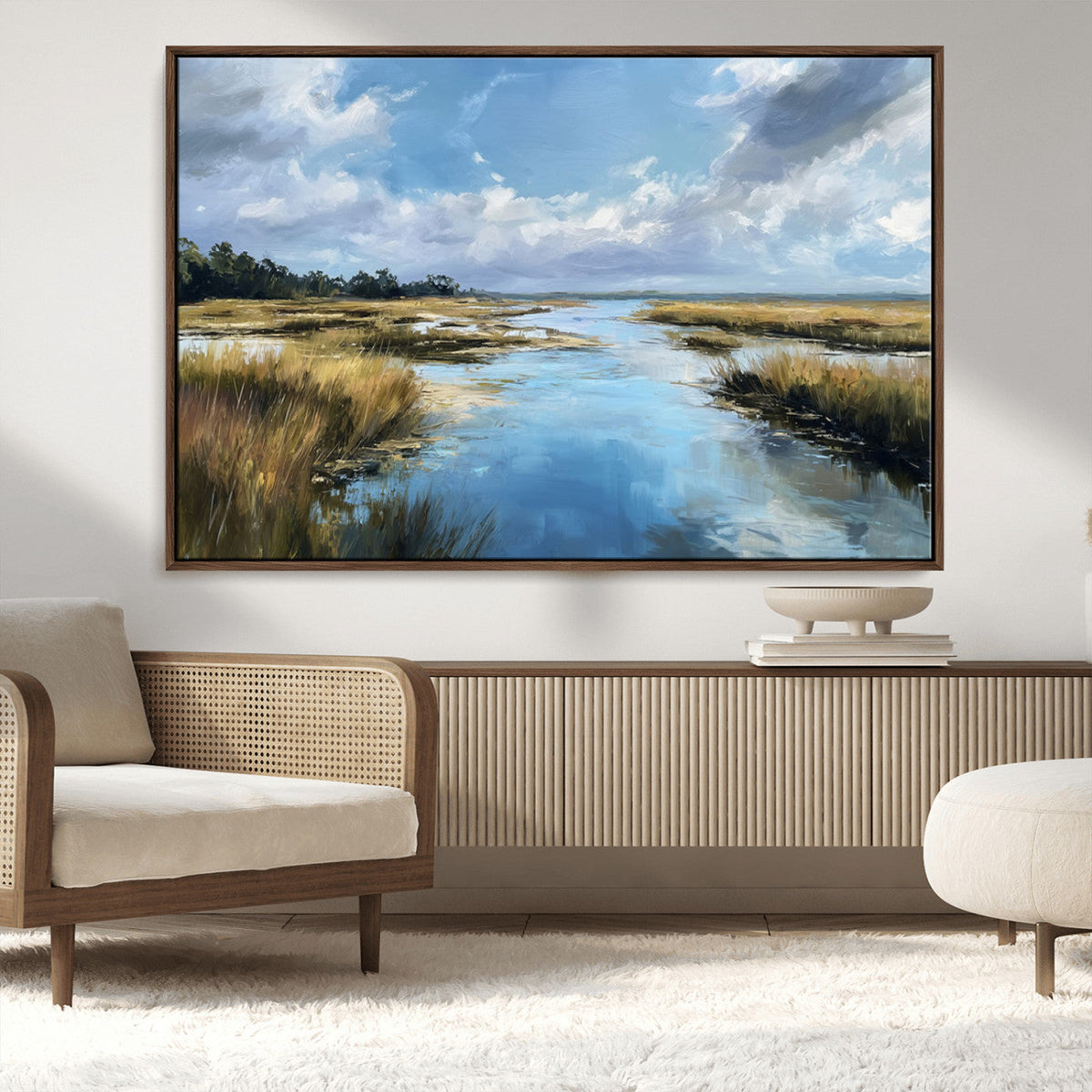 Marshland Wall Art Canvas Print, Serene Water Reflection with Blue Sky and Golden Grass