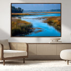 Tranquil Marshland Wall Art Canvas Print, Blue Water Reflecting Sky and Golden Grasses