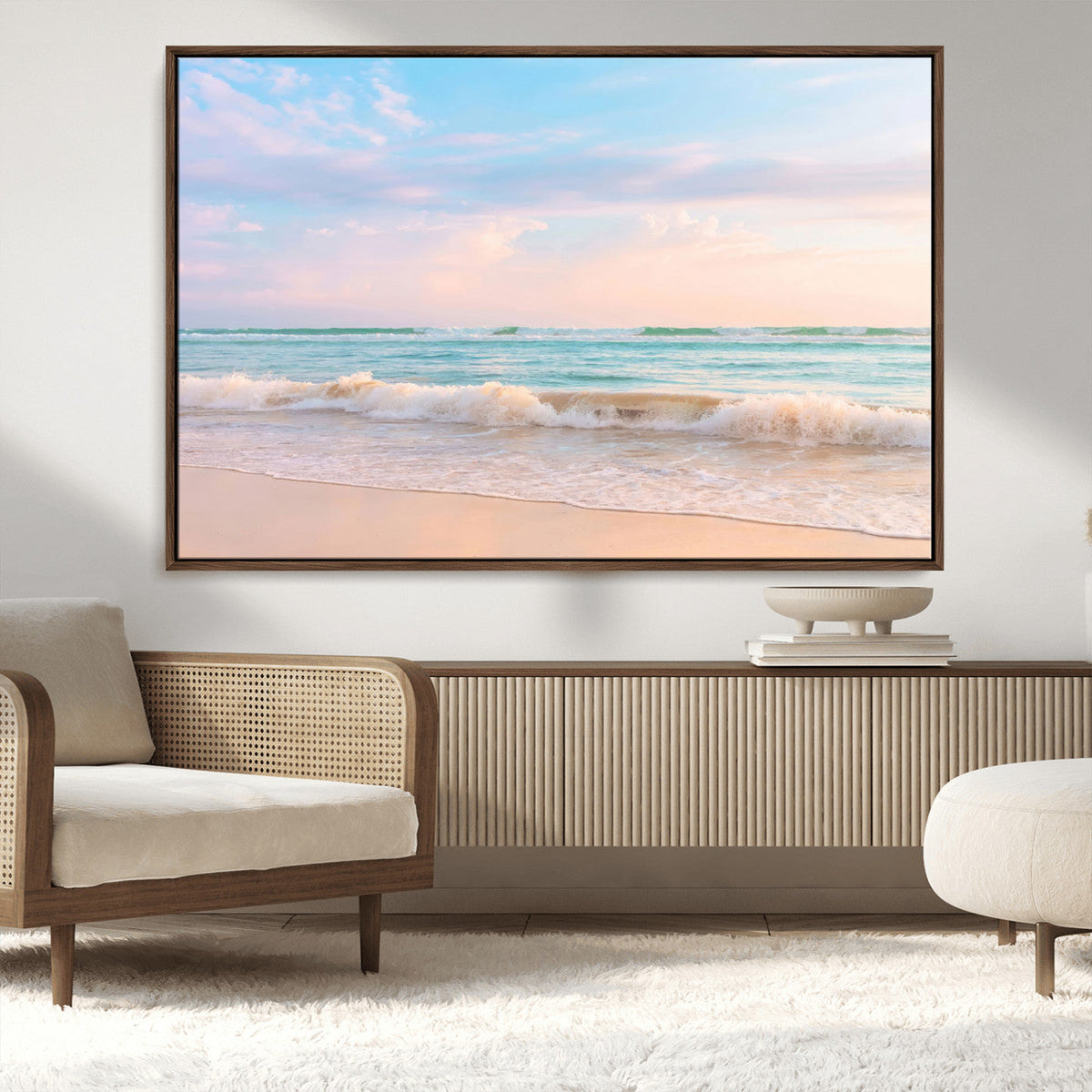 Serene Ocean Waves Wall Art Canvas Print, Pastel Sky Over a Soft Sand Beach