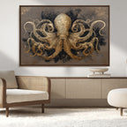 Octopus Wall Art Canvas Print, Black and Gold Detailed Tentacles Nautical Illustration