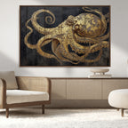 Octopus Wall Art Canvas Print, Gold Detail Octopus on Wooden Plank Background