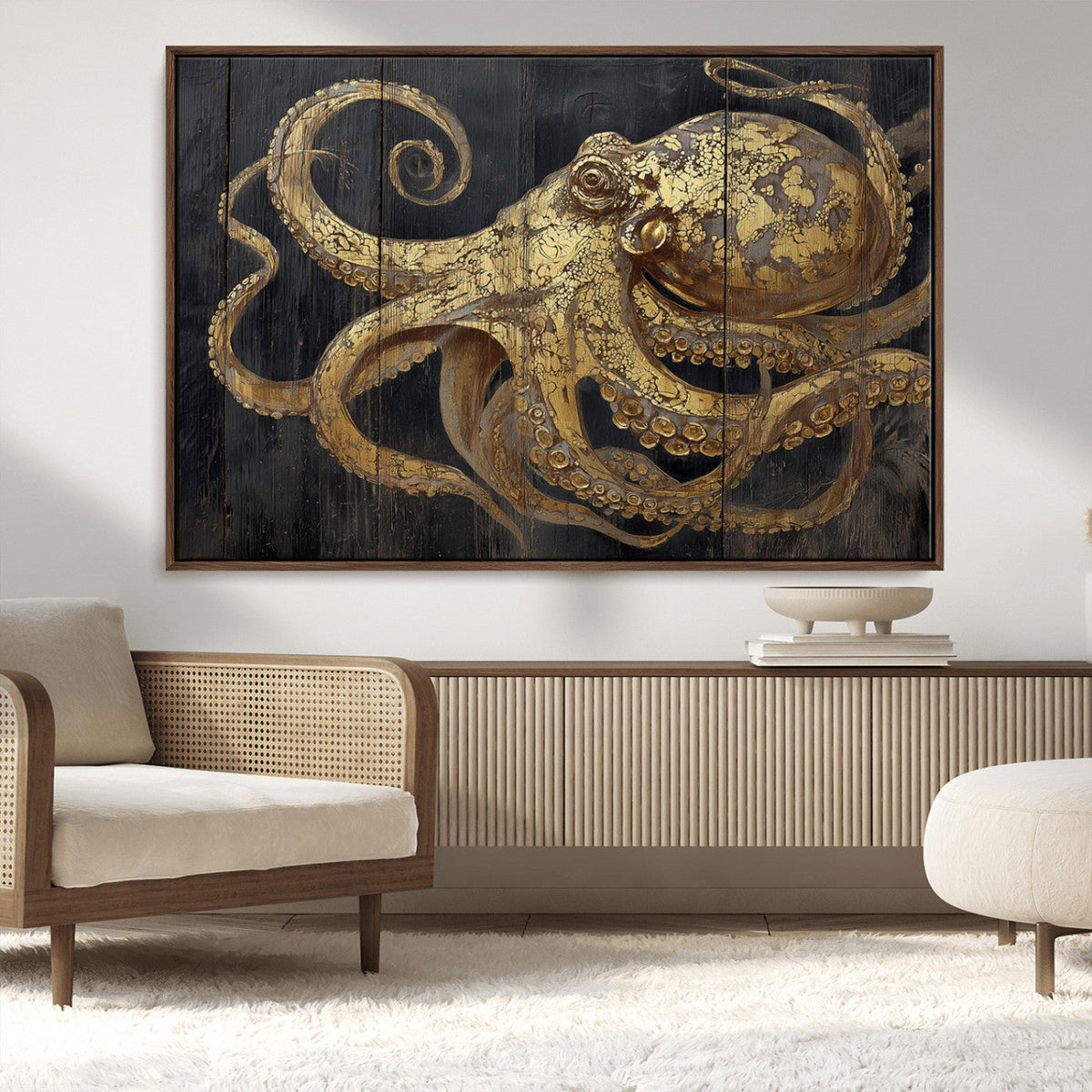 Octopus Wall Art Canvas Print, Gold Detail Octopus on Wooden Plank Background