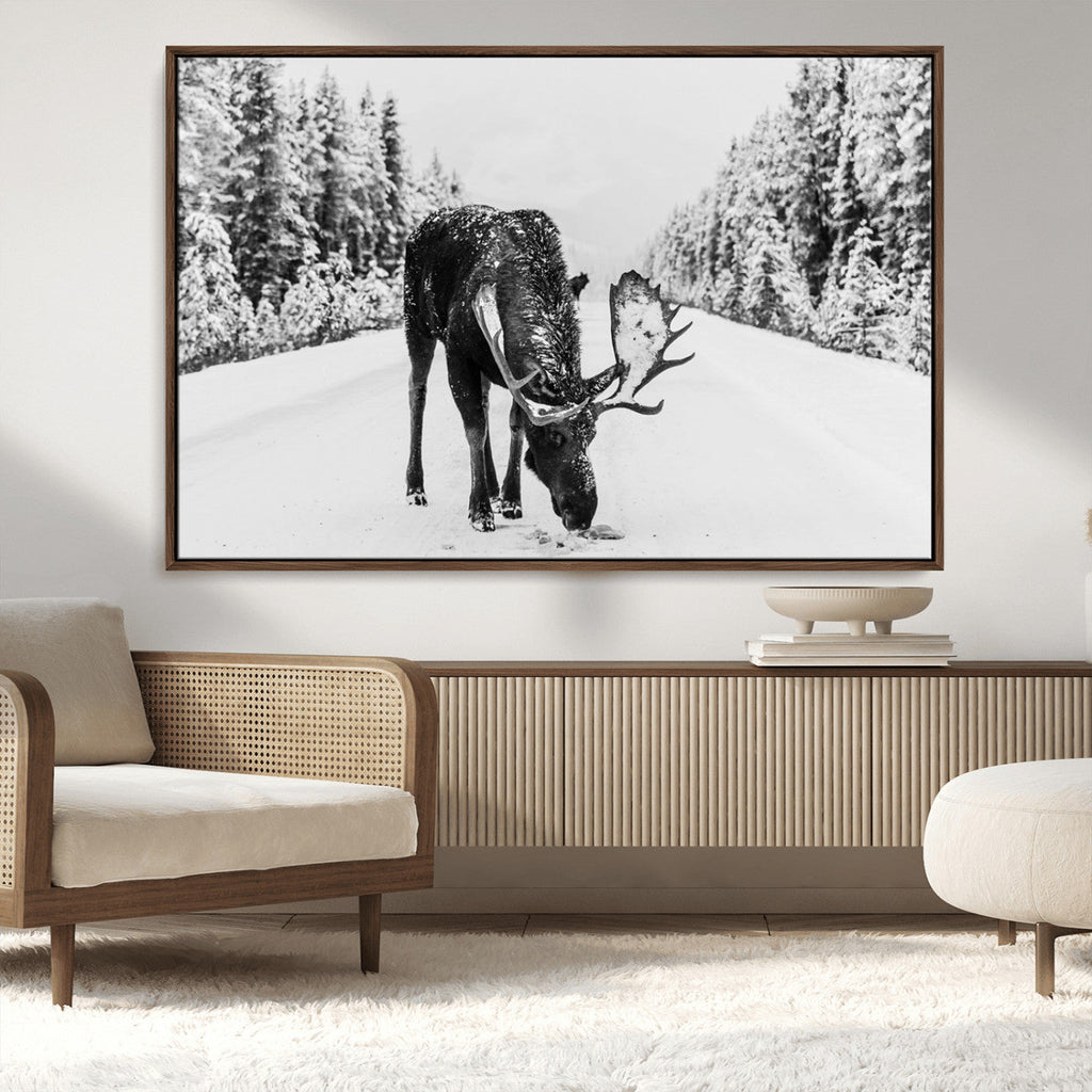 Moose Wall Art Canvas Print, Winter Moose with Antlers in a Snowy Forest