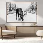 Moose Wall Art Canvas Print, Winter Moose with Antlers in a Snowy Forest