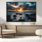 Ocean Sunset Wall Art Canvas Print, Rocky Shore Waves and Golden Sun Rays