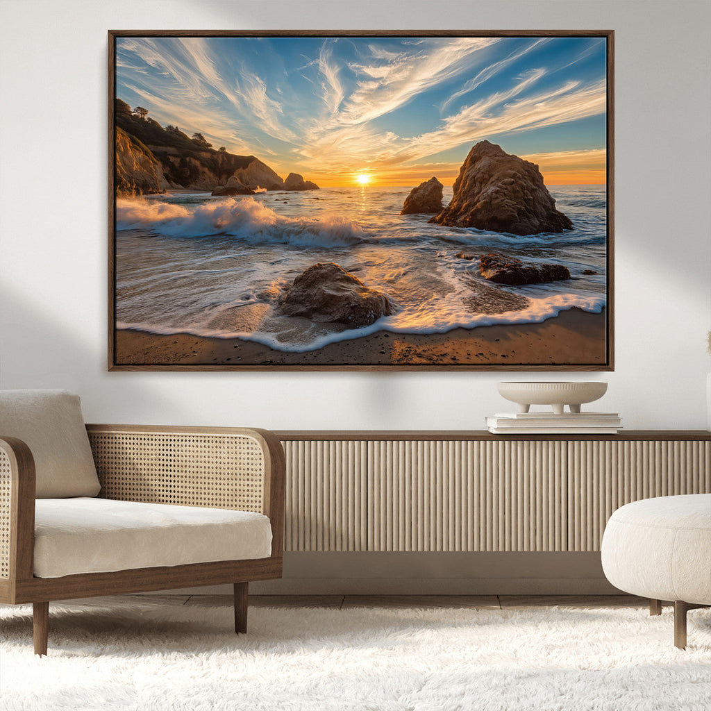 Rocky Ocean Sunset Wall Art Print, Seaside Canvas with Dramatic Seascape